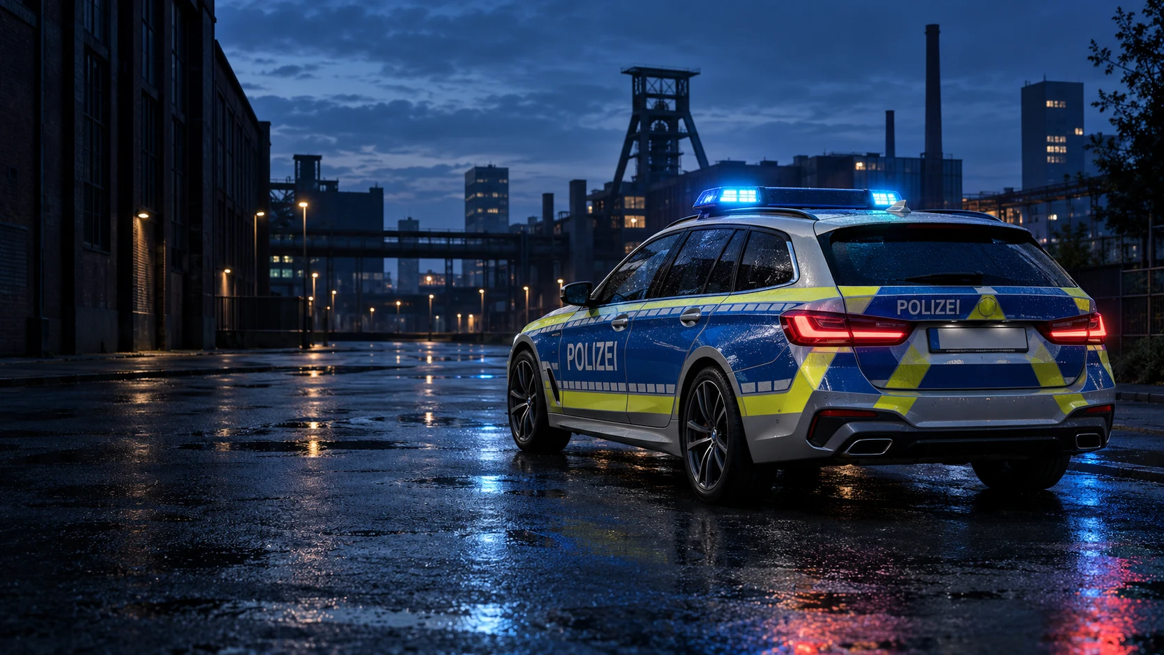 Fiktiver Streifenwagen im Ruhrgebiet bei Abendlicht